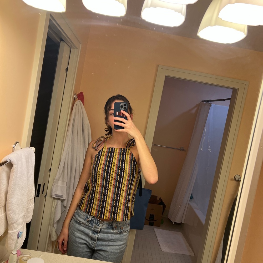 Madewell Texture and Thread Tie-Shoulder Tank Top in Rainbow Crochet; size small